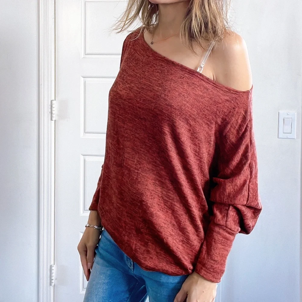 064 Cozy Off Shoulder Dolman Sleeve Oversized Top - Picture 5 of 8